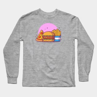 Burger with Slice of Pizza and French Fries Cartoon Vector Icon Illustration Long Sleeve T-Shirt